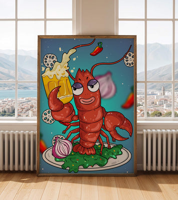 Playful cartoon lobster holding a beer in a whimsical setting