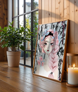 Illustration of a girl with floral headpiece against abstract floral background