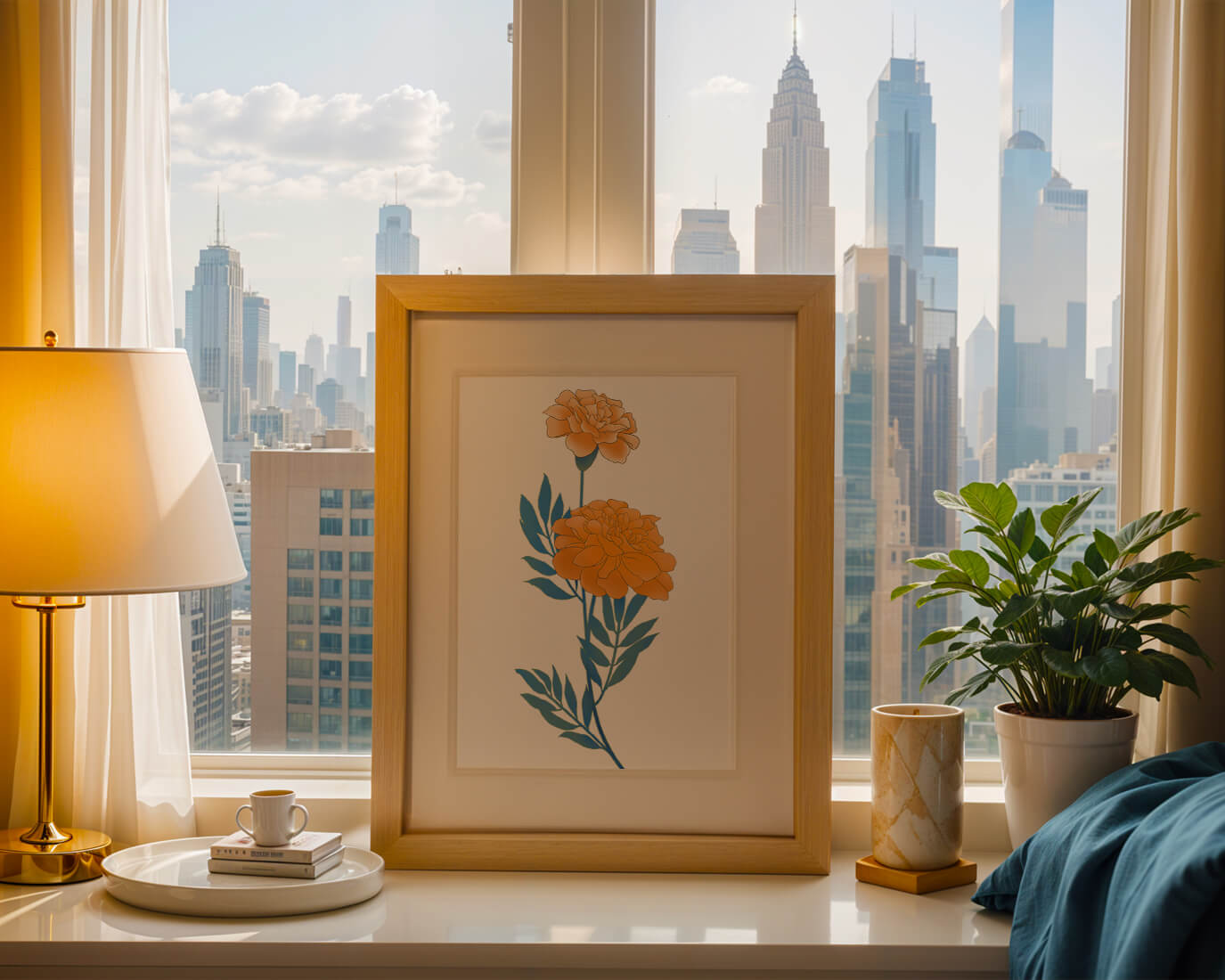 Elegante Illustration lebendiger Ringelblumen auf grünem Hintergrund