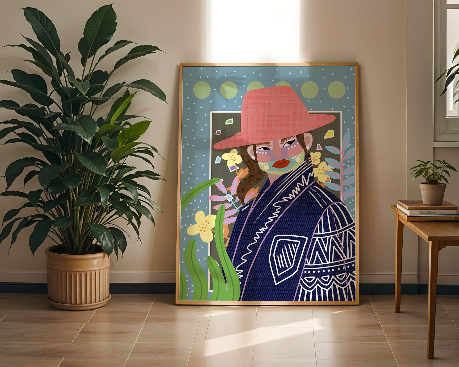 Retrato colorido con patrones y elementos abstractos