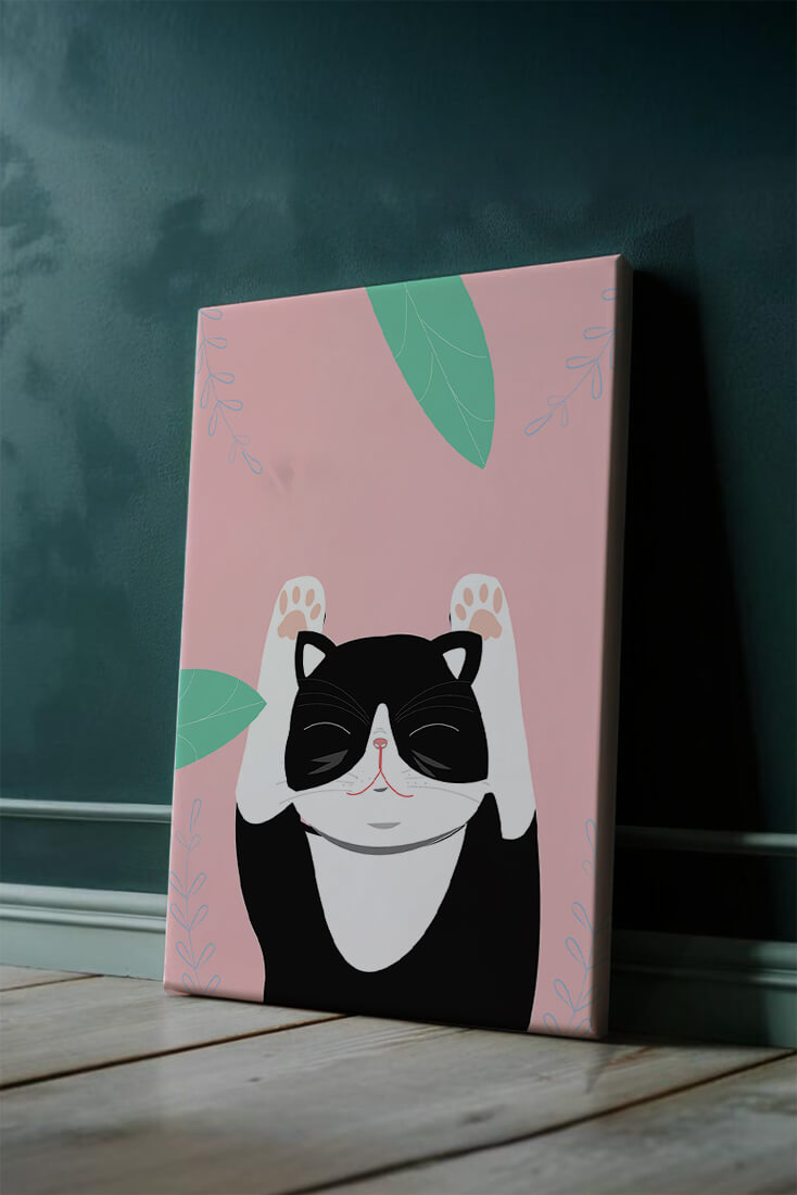 Illustrated cat on pink background with leaves