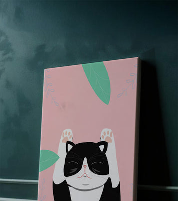 Illustrated cat on pink background with leaves