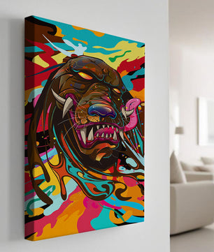 Cabeza de león abstracta y colorida con remolinos vibrantes