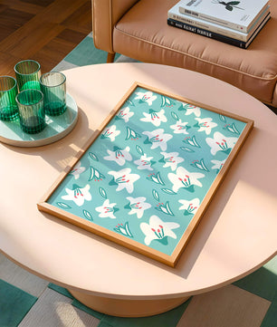 Motif floral avec des lys blancs sur un fond turquoise
