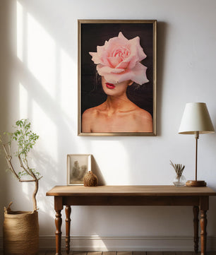Woman with a Rose Head and Red Lips on a Dark Background - Mi tienda