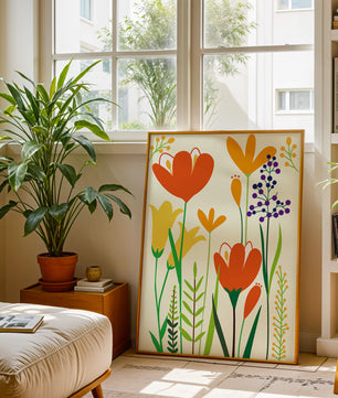 Bright Floral Illustration with Orange, Yellow, and Purple Flowers in Bold Colors
