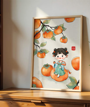 Illustration of a girl sitting on a persimmon surrounded by fruit and leaves