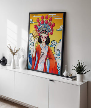 Eine elegante Darstellung asiatischer Kunst mit traditioneller Kleidung und kunstvollem Kopfschmuck