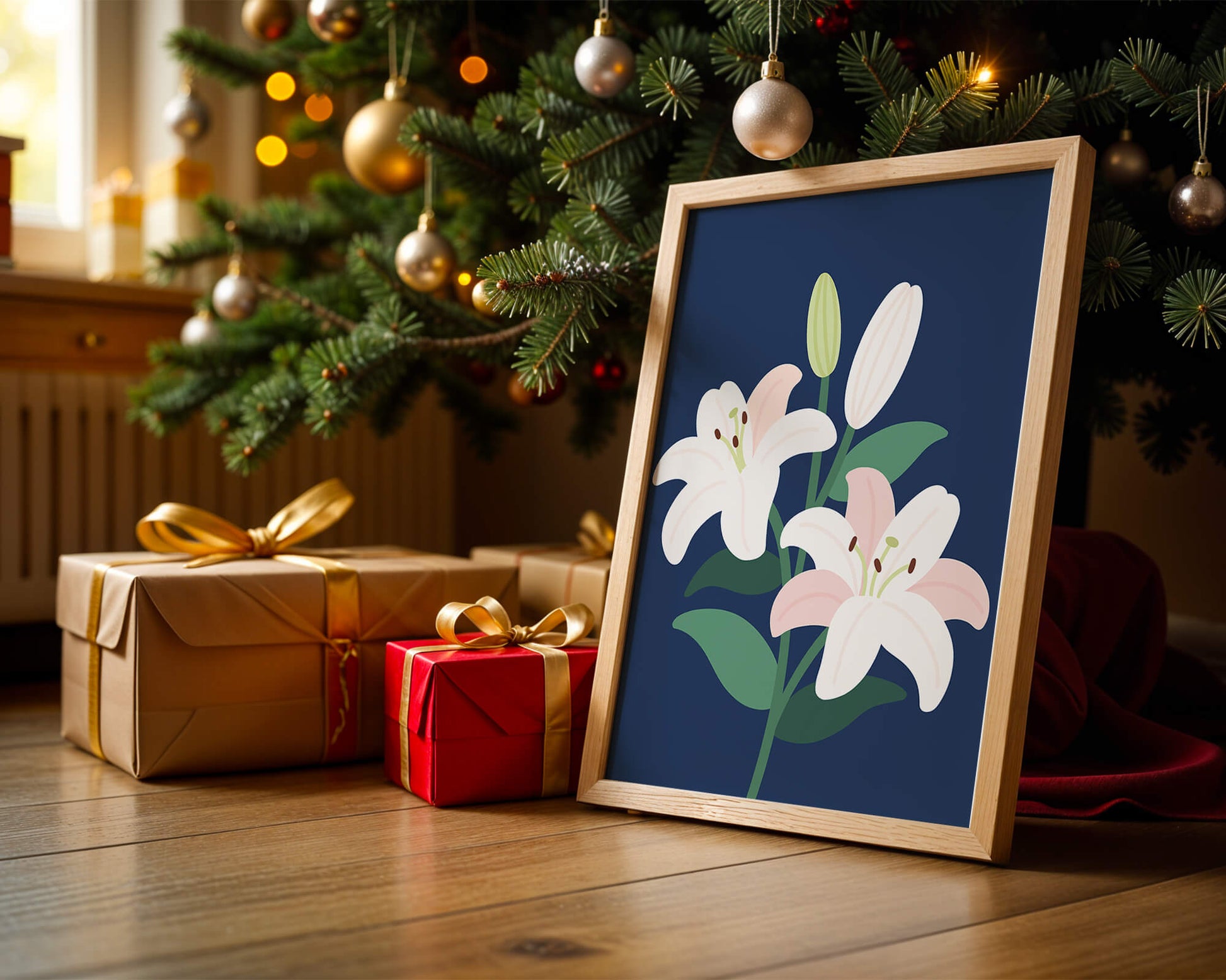 Lirios elegantes sobre un fondo azul oscuro