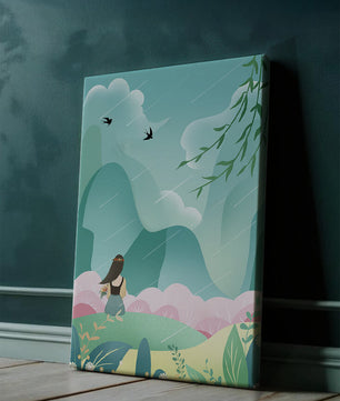 Peaceful landscape with a girl and nature elements