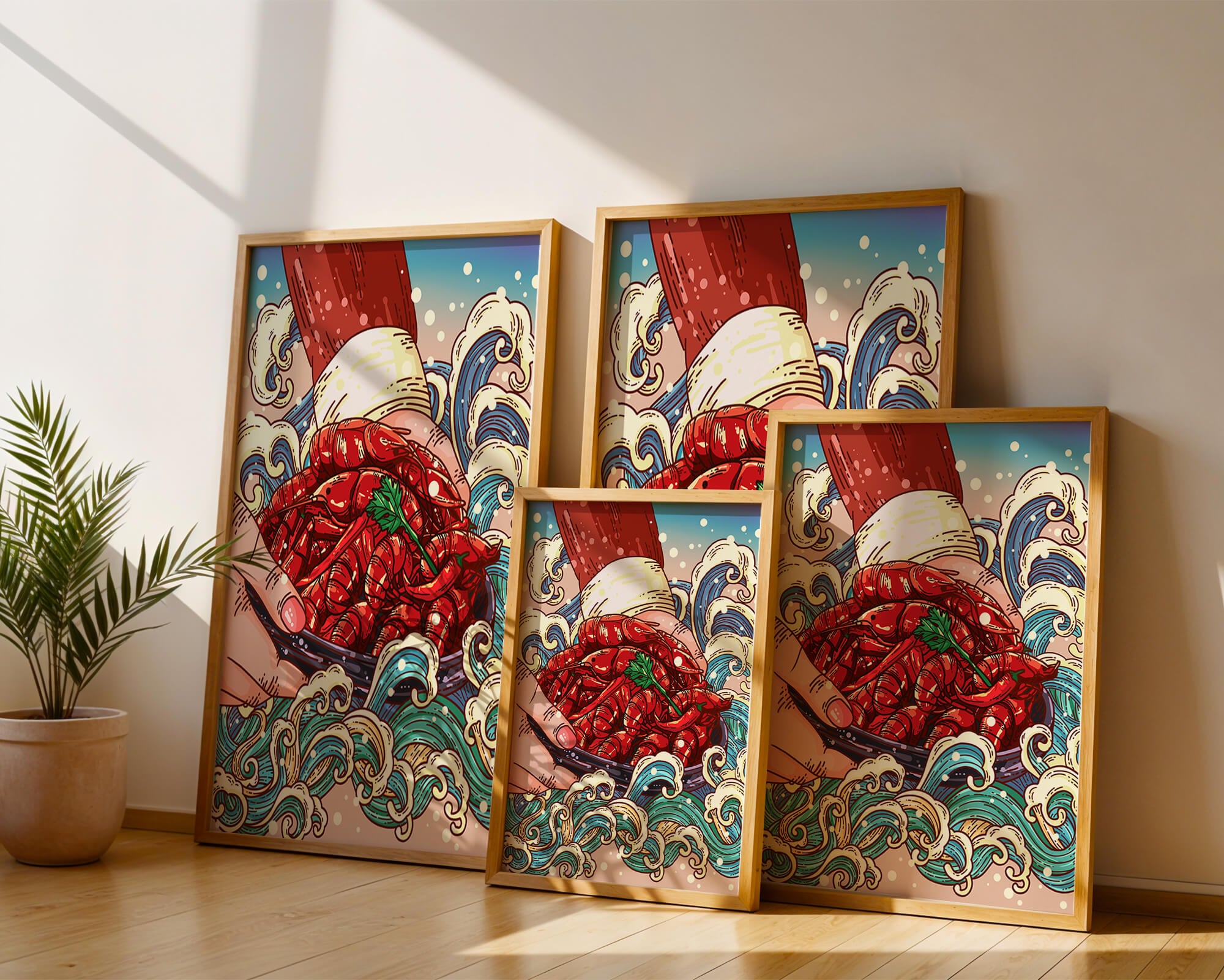 Colorful Cartoon Illustration of Hand Holding Crawfish Over Decorative Waves