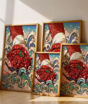 Colorful Cartoon Illustration of Hand Holding Crawfish Over Decorative Waves