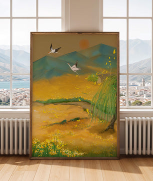 Ruhige Landschaft mit fliegenden Kranichen und goldenen Blüten