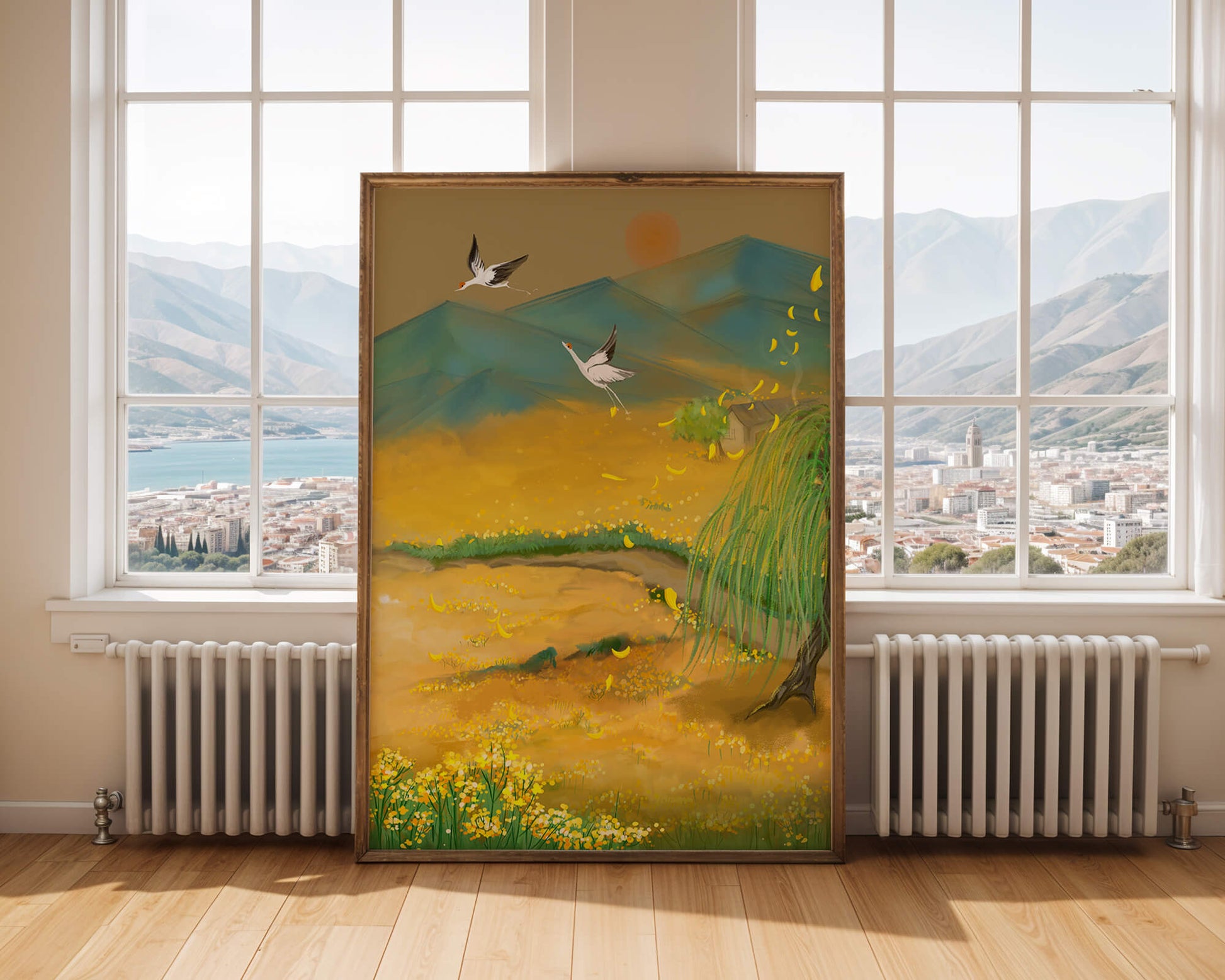 Ruhige Landschaft mit fliegenden Kranichen und goldenen Blüten