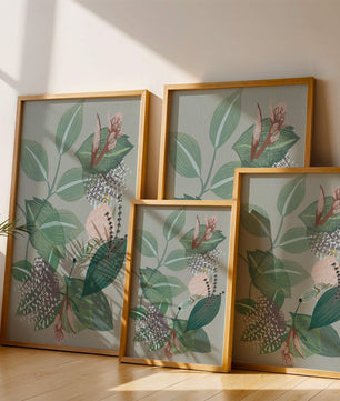 Floral botanical pattern with green leaves and delicate flowers