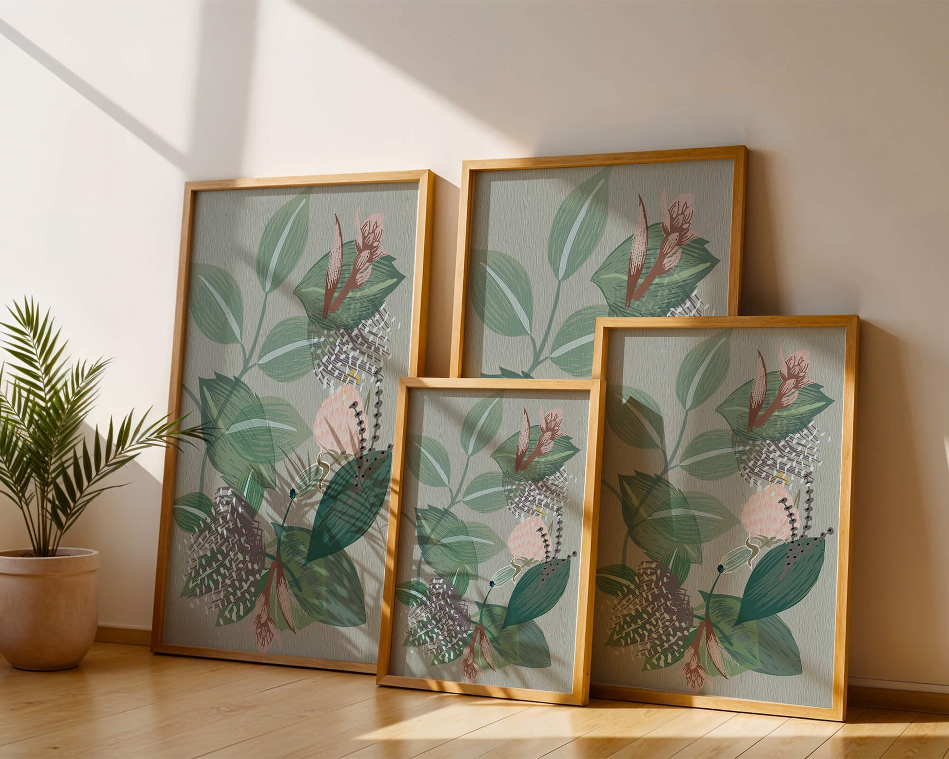 Floral botanical pattern with green leaves and delicate flowers
