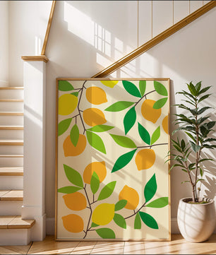 Vibrant lemon pattern with colorful leaves and citrus fruits