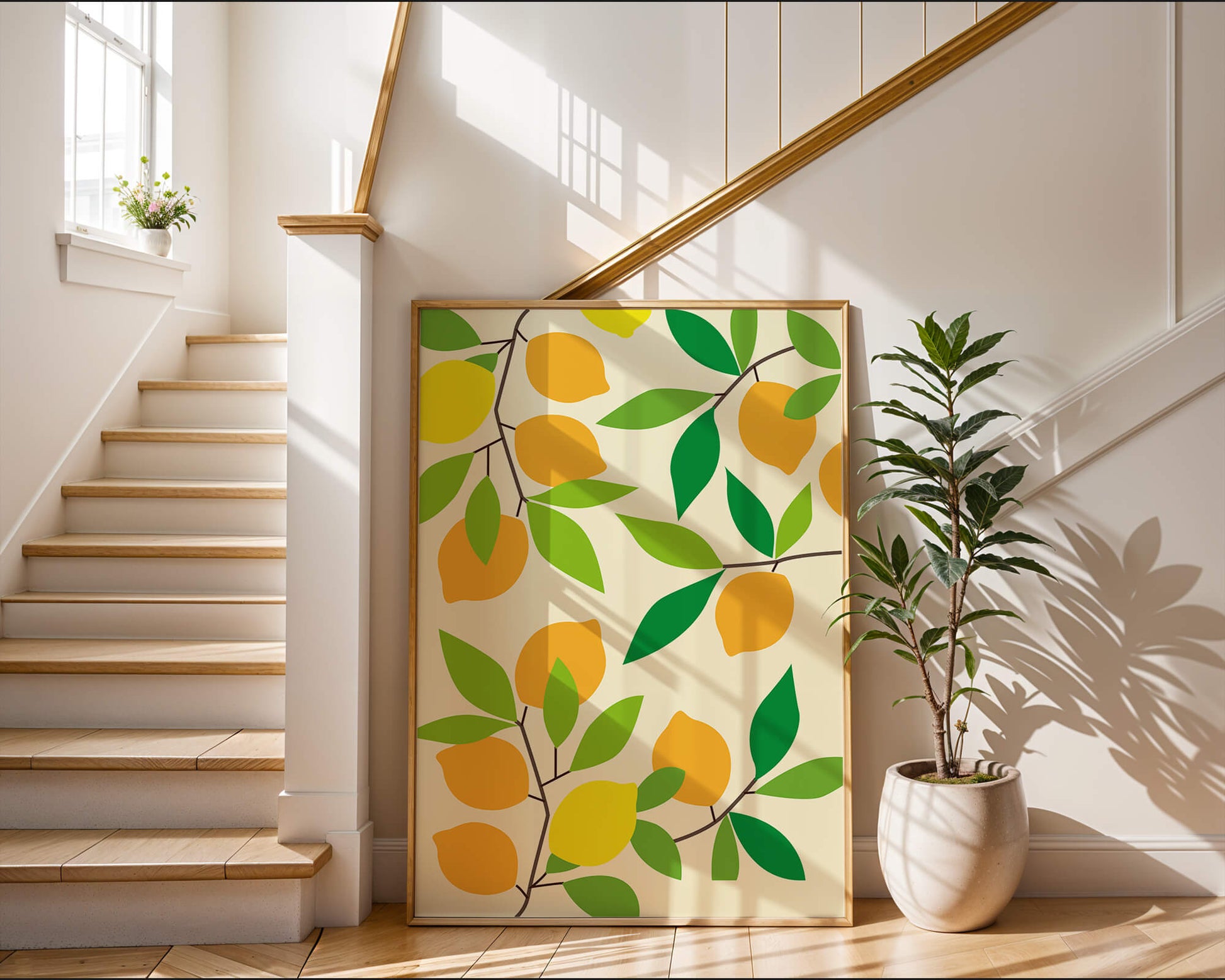 Vibrant lemon pattern with colorful leaves and citrus fruits