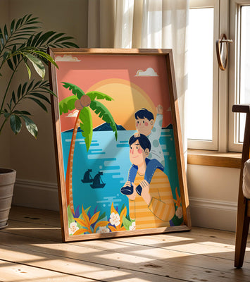 Father and son enjoying a tropical sunset with palm trees and boats