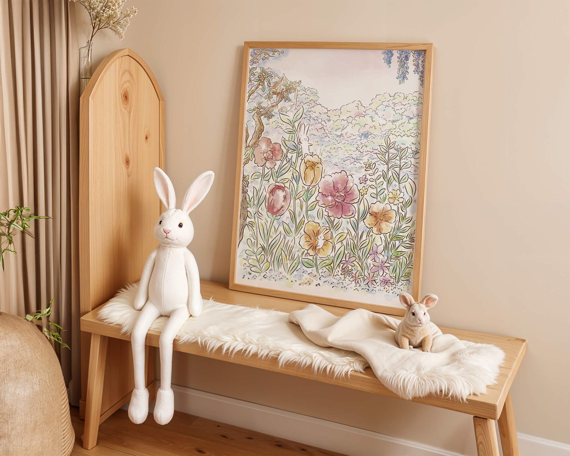 Charming Garden with Bunnies and Blossoming Trees