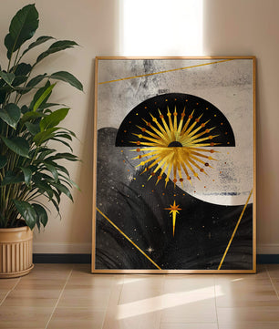 Abstract cosmic design featuring golden sunburst and celestial elements