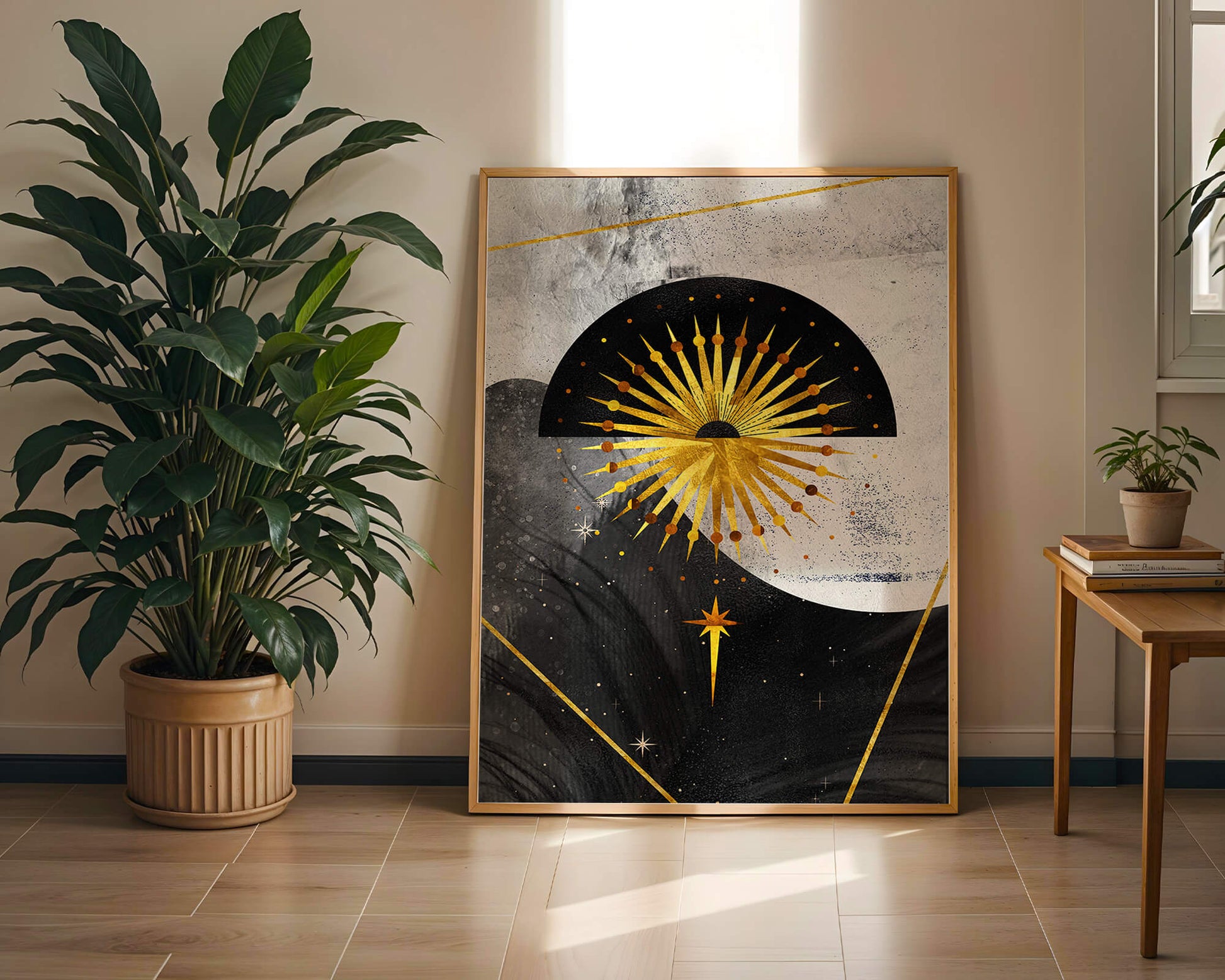 Abstract cosmic design featuring golden sunburst and celestial elements