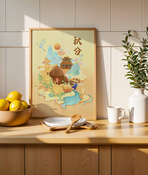 Charming autumn scene with traditional elements and nature motifs