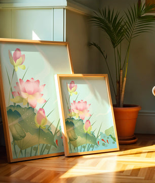 Loteo de flores de loto ilustrativas con hojas y peces koi en un estanque sereno