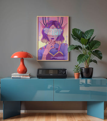 Futuristic digital art featuring a cybernetic woman with a holographic interface