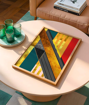 Abstract geometric design with gold accents and vibrant colors