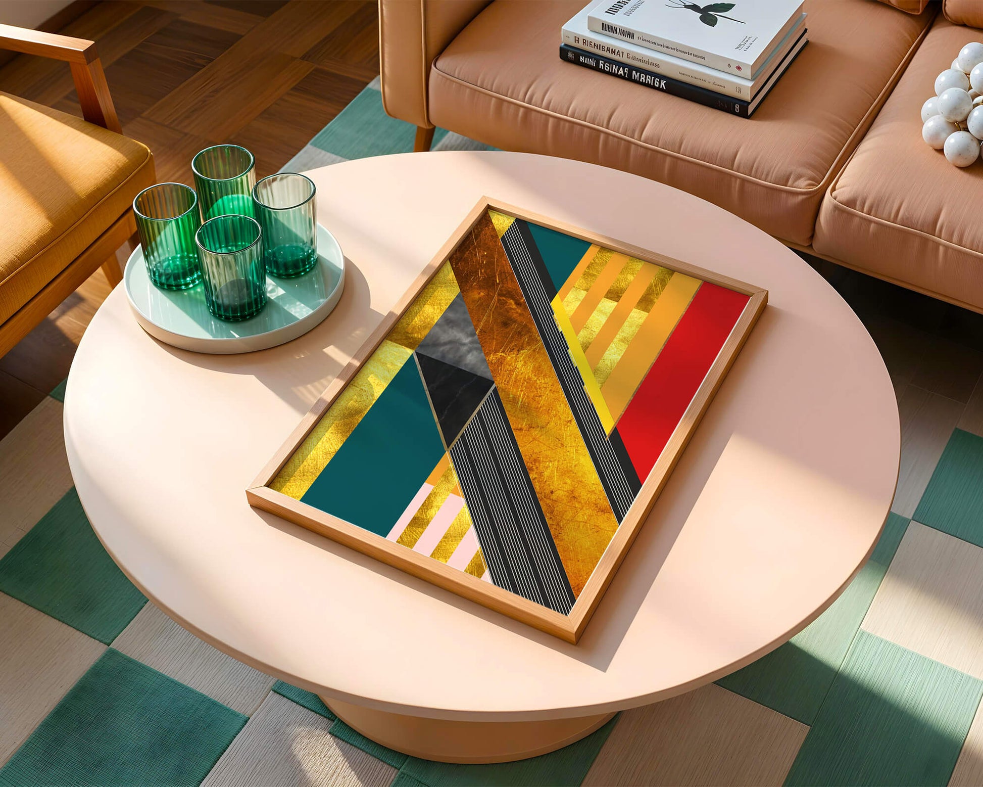 Abstract geometric design with gold accents and vibrant colors