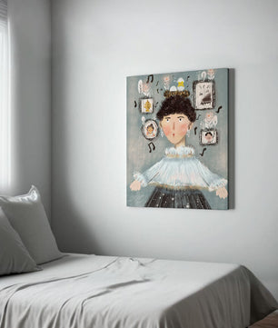Retrato ilustrado caprichoso con elementos musicales y dorados