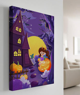 Charming Halloween scene with a girl on a pumpkin near a haunted house
