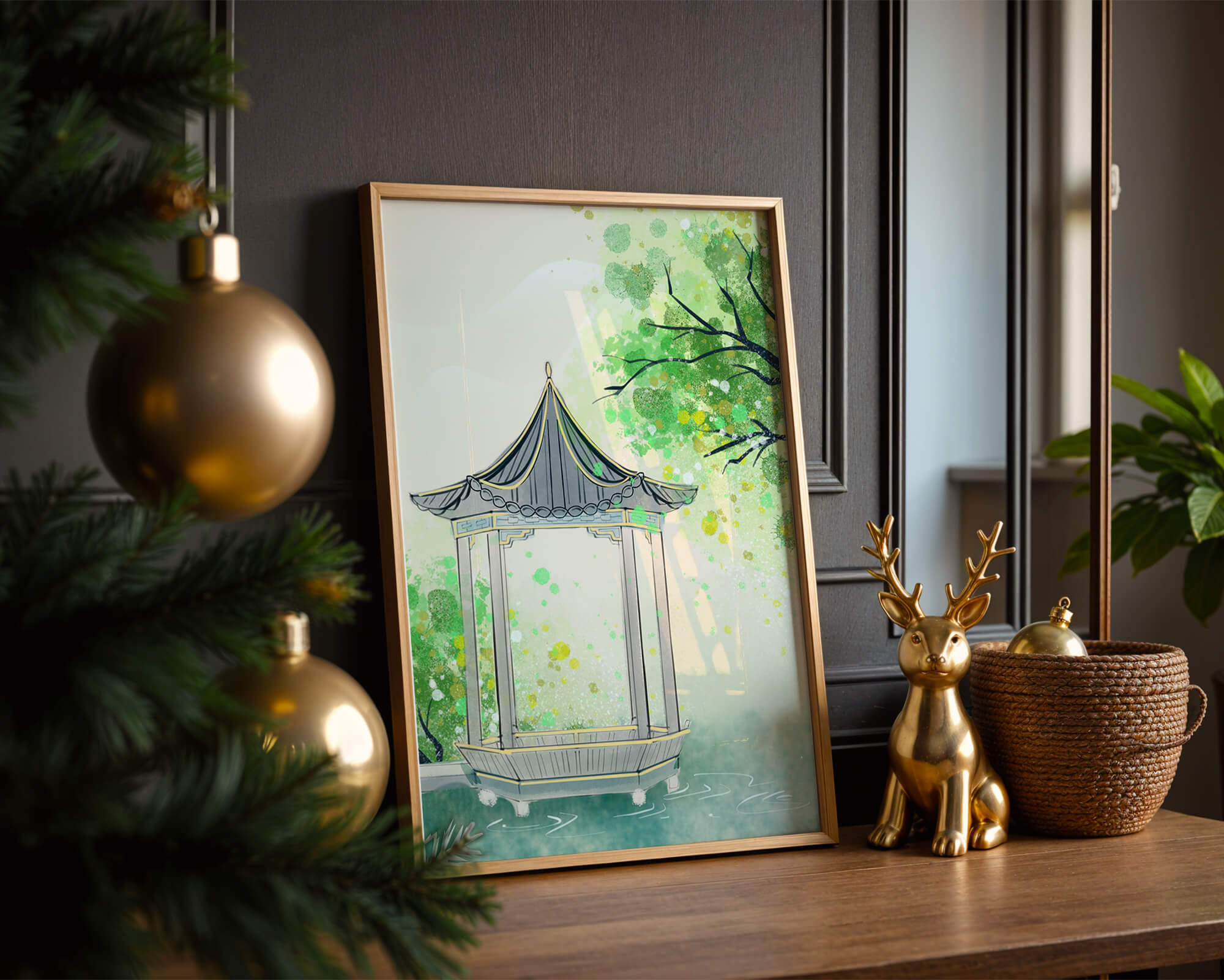 Serene garden gazebo by a tranquil pond with lush greenery