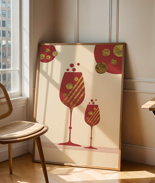 Stylish wine glasses with gold accents and a festive theme