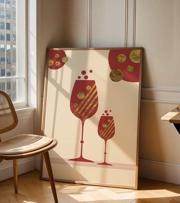Stylish wine glasses with gold accents and a festive theme