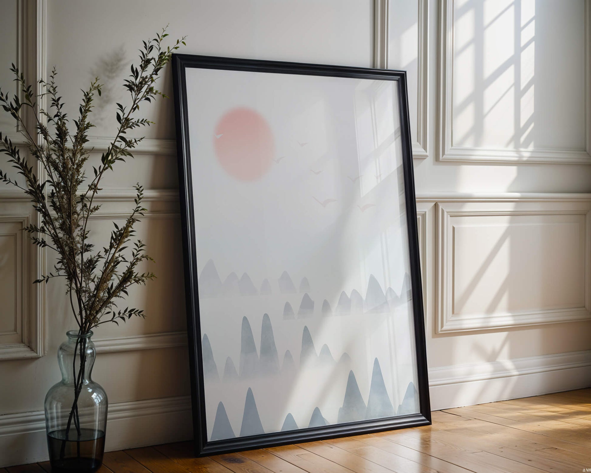 Minimalistic Mountain Landscape with Soft Colors and Birds in the Sky
