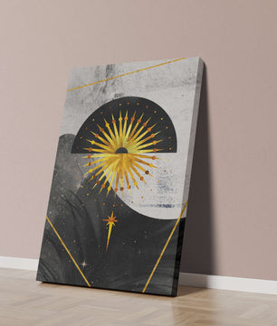 Abstract cosmic design featuring golden sunburst and celestial elements