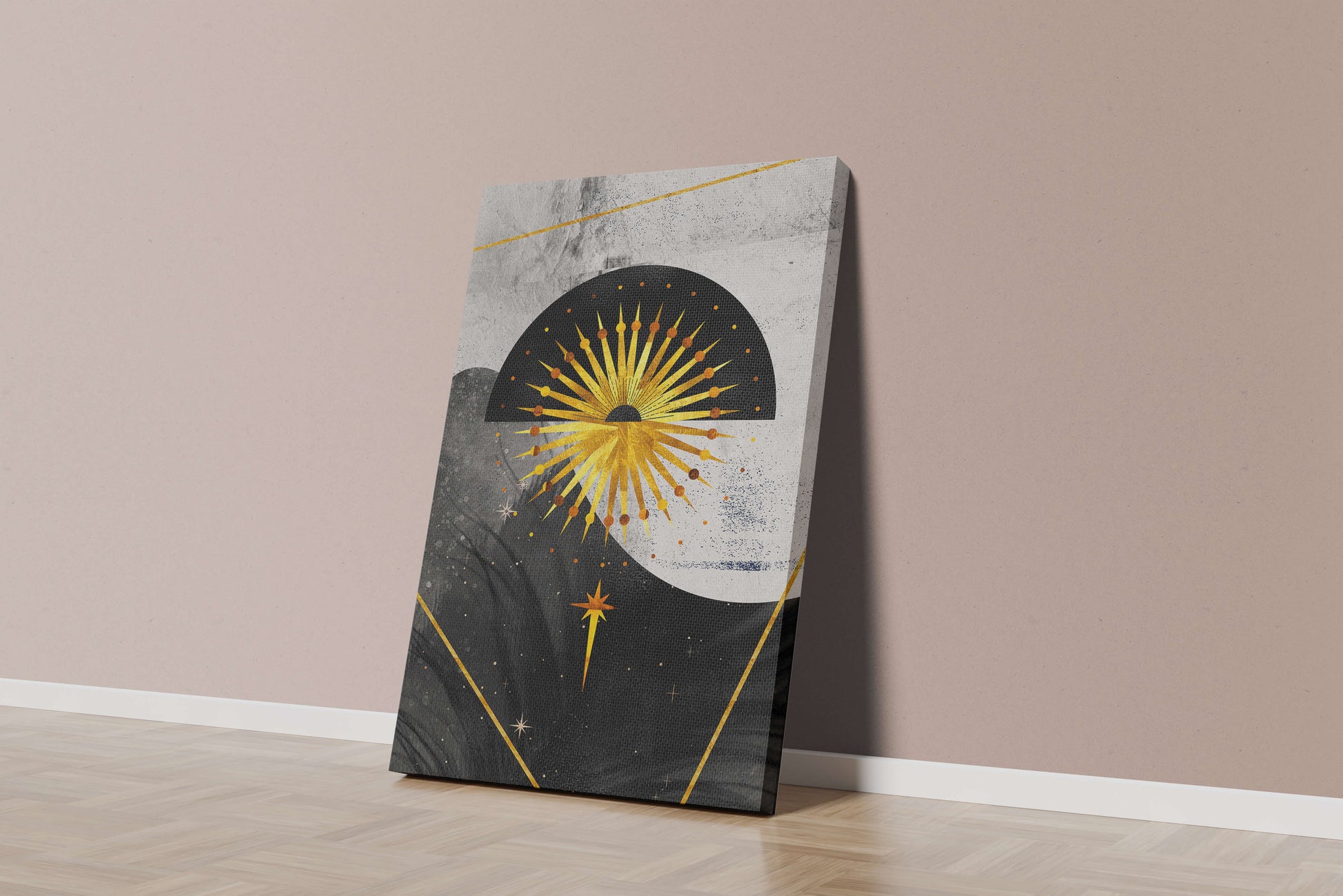 Abstract cosmic design featuring golden sunburst and celestial elements