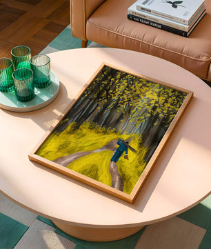 Man Walking Through a Sunny Forest with Golden Leaves