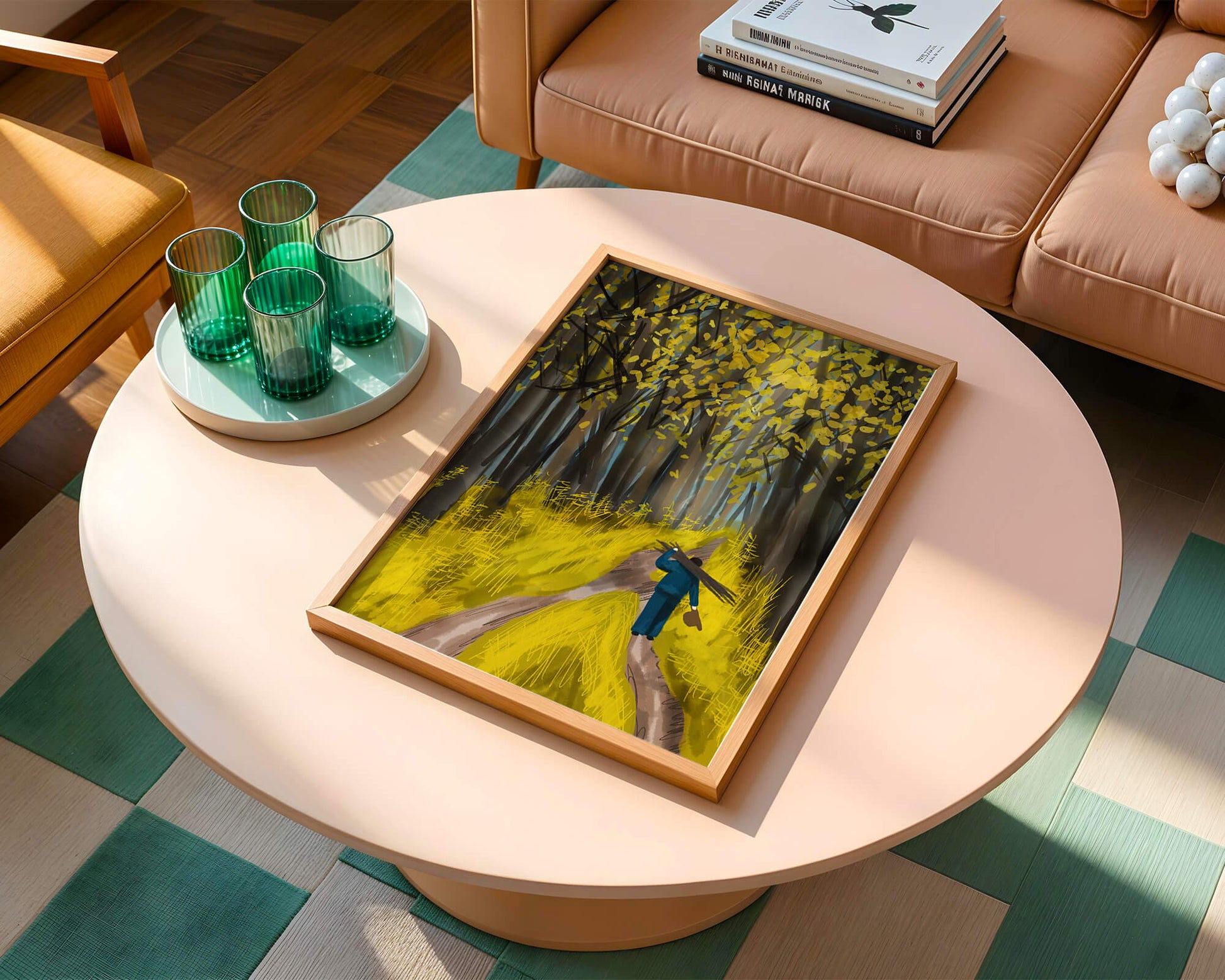 Man Walking Through a Sunny Forest with Golden Leaves