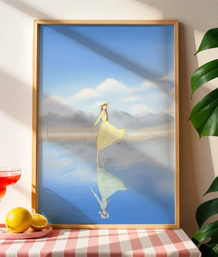 Woman in yellow dress standing on reflective water against clear sky