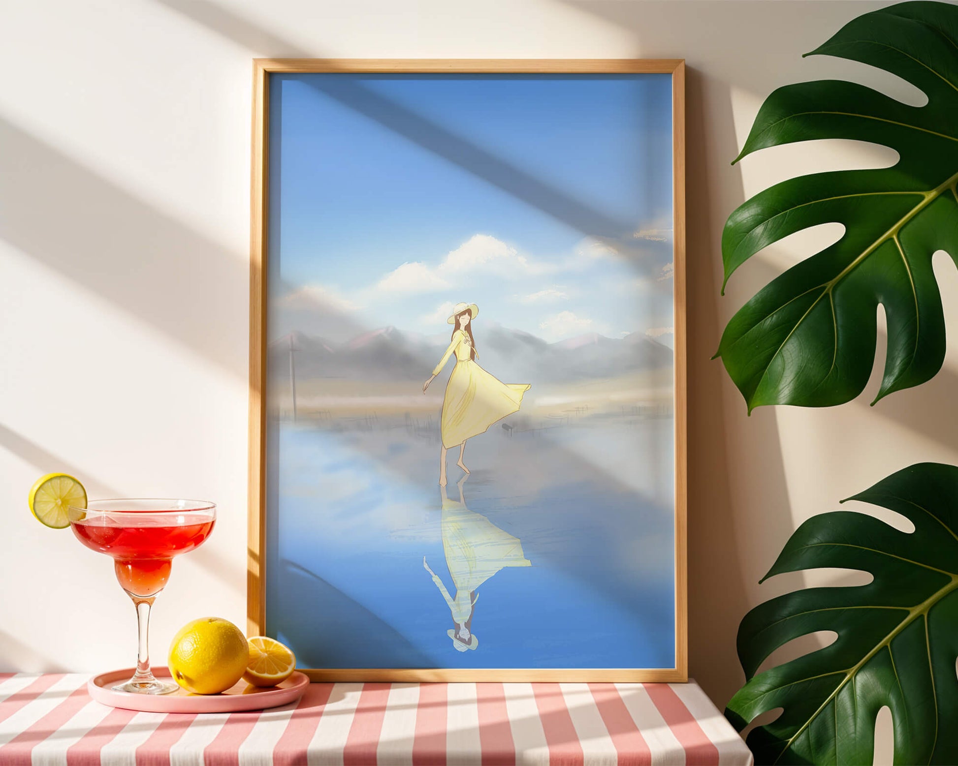 Woman in yellow dress standing on reflective water against clear sky
