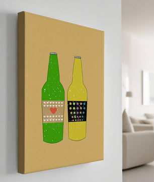 Ilustración de botellas de cerveza coloridas con etiquetas artísticas