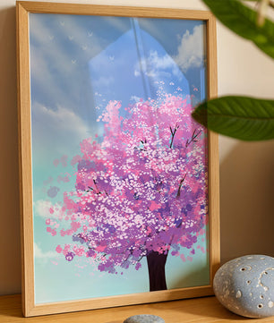 Árbol de cerezo en un entorno celestial sereno