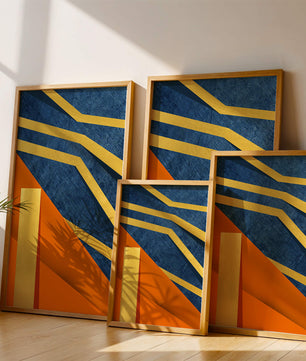 Composición geométrica abstracta con elementos dorados, azules y naranjas