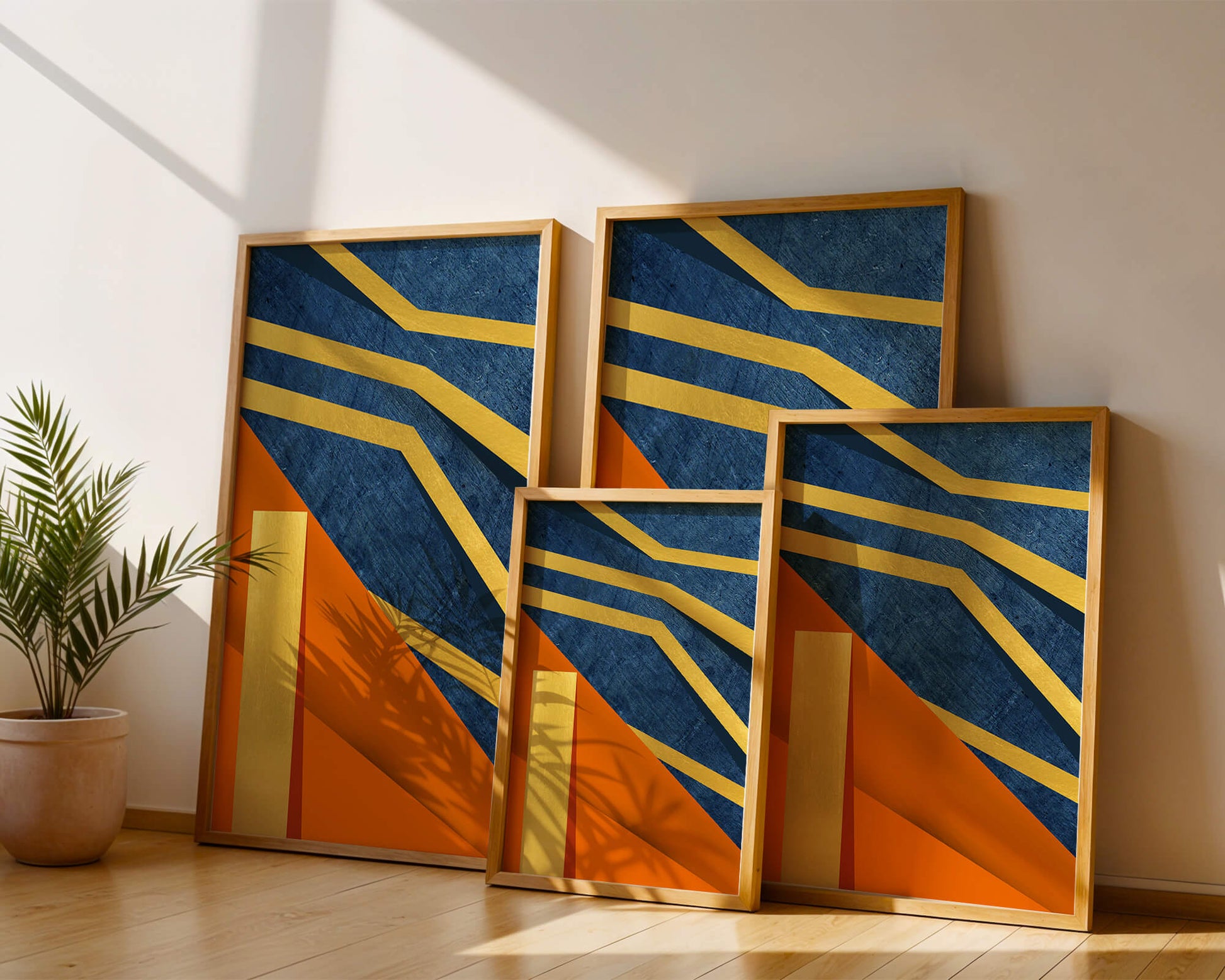 Composición geométrica abstracta con elementos dorados, azules y naranjas