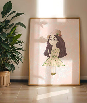 Ilustración encantadora de una niña con vestido y sombrero floral