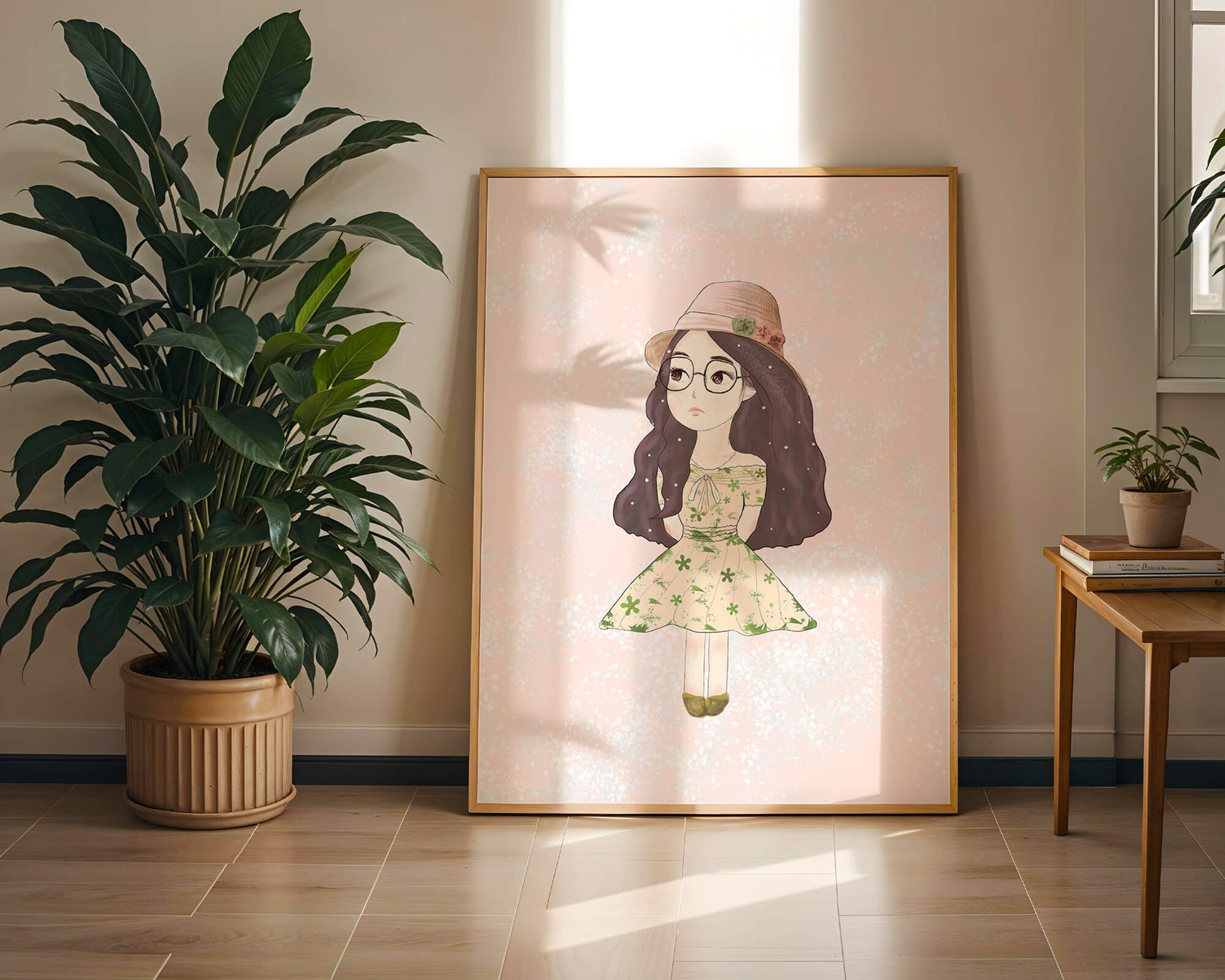 Charming illustration of a girl in a floral dress and hat