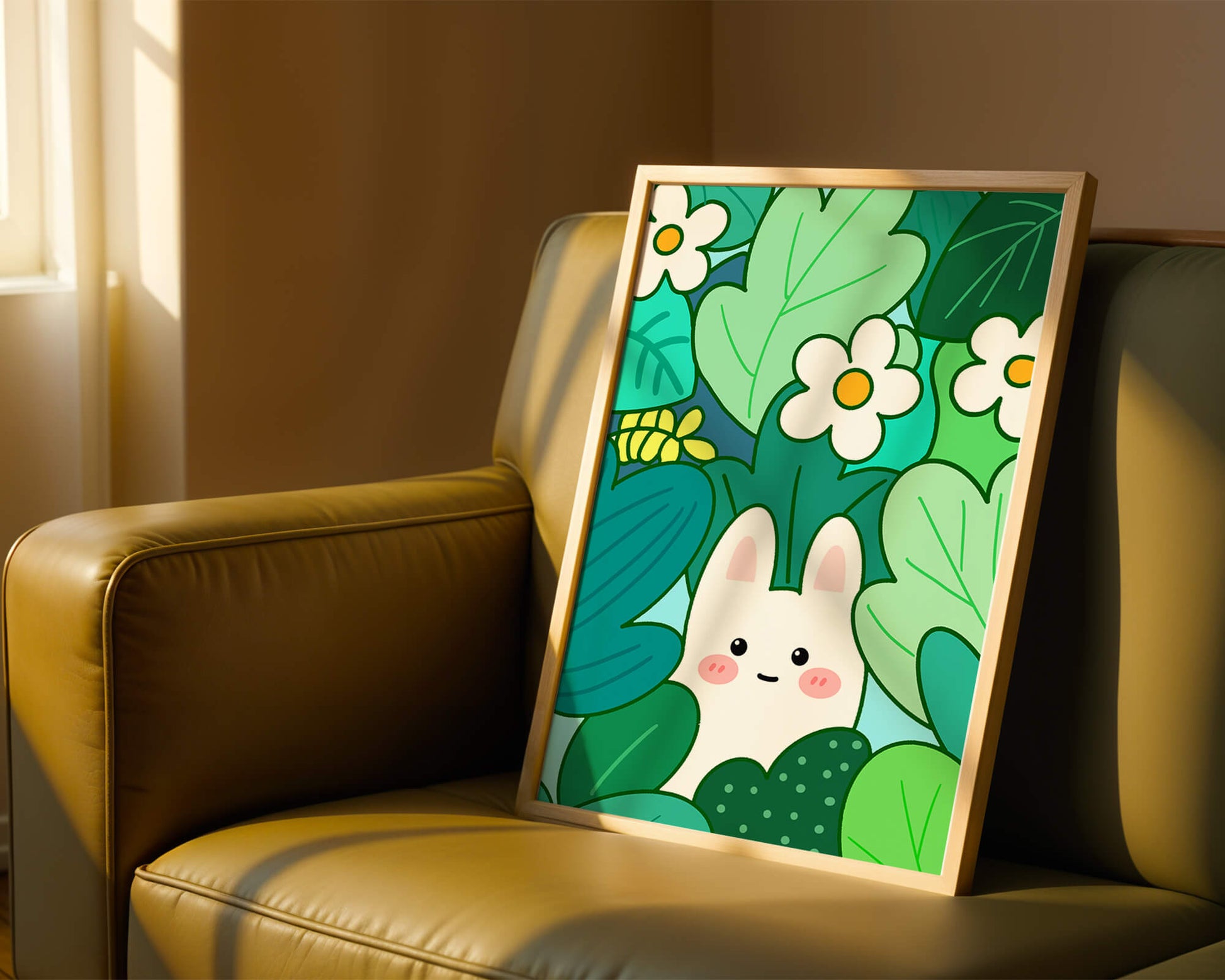 Illustration of a cute rabbit hidden among flowers and greenery